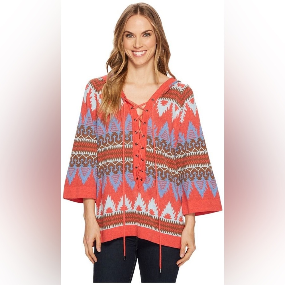 Tasha Polizzi Laredo Lace-Up Hooded Southwestern Aztec Print Sweater - Red - S